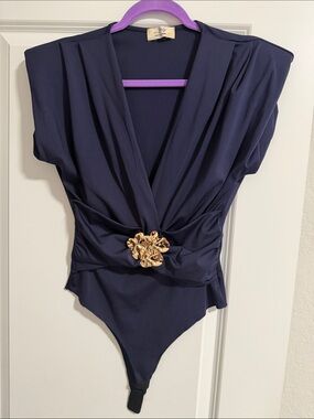Elegant Navy Wrap Bodysuit with Gold Accent